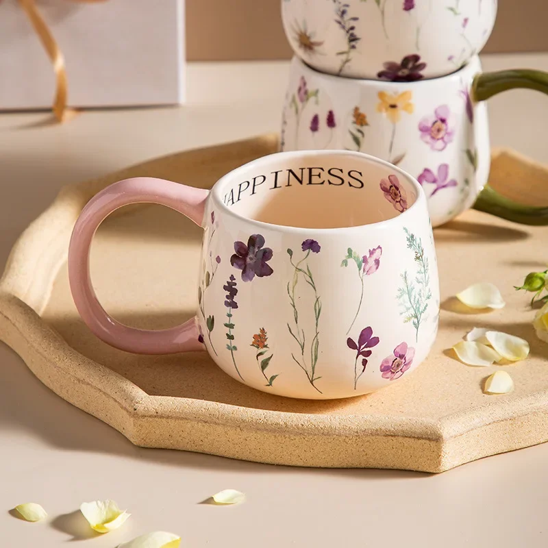 

Colorful Floral 380ml Ceramic Coffee Cup with Abstract Large Handle Tea Cup Dining Table Decoration Afternoon Tea Mug Couple Mug