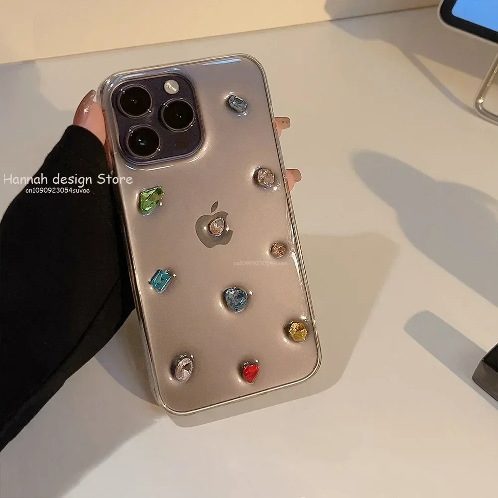 3D 만화 귀여운 컬러 보석 라인스톤 아이폰 16 15 14 플러스 13 12 11 프로 맥스 블링 글리터 투명 후면 커버 폰 케이스