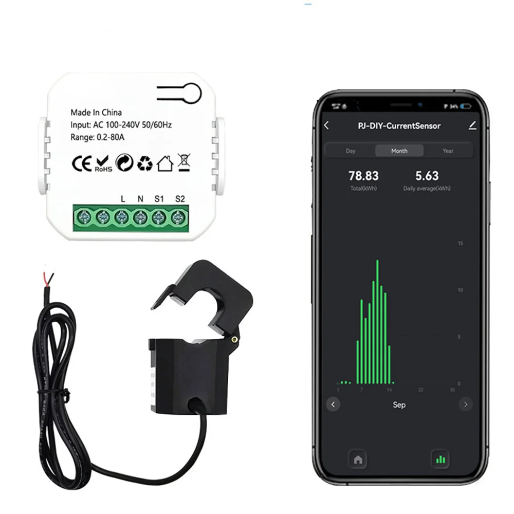 Tuya Smart Life Zigbee Wifi Energy Meter 80A Current Transformer Clamp KWh Power Monitor Electricity Statistics110/230V 50/60Hz