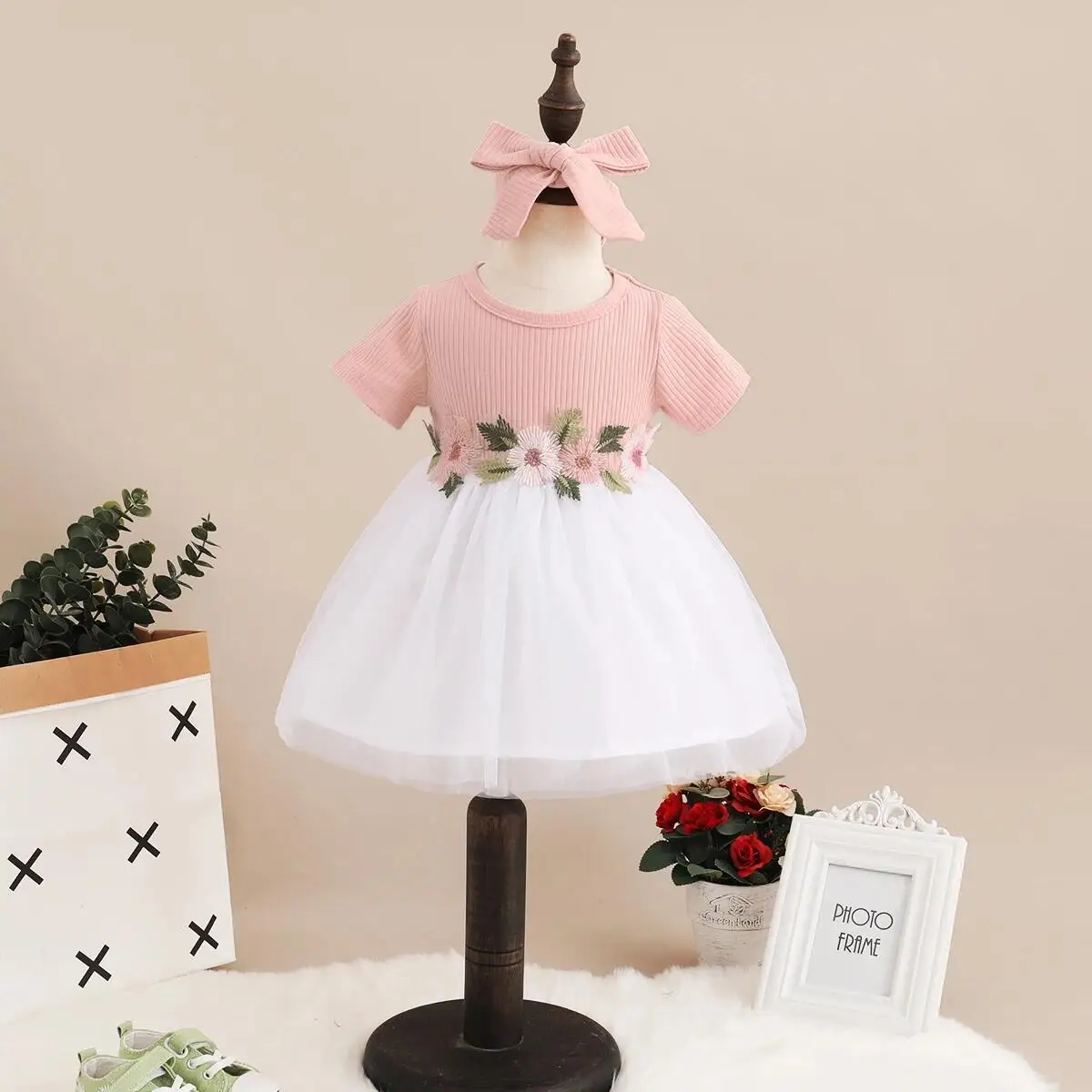 Infant Baby Girl Princess Dress Embroideried Flowers Short Sleeve Flower Tulle Skirt Girls Party Dresses for Toddler 0-3 Years