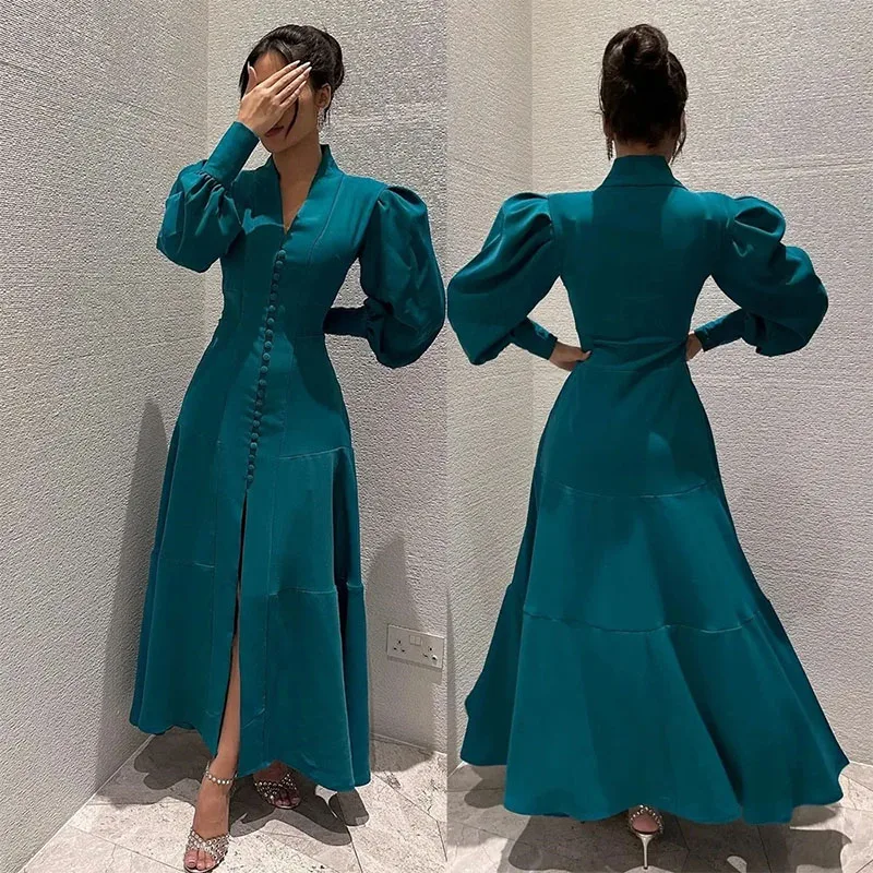 Elegant A Line Ankle Length Prom Dresses V Neck Long Sleeve Front Slit Evening Party Gown Middle Eastern Formal Wear