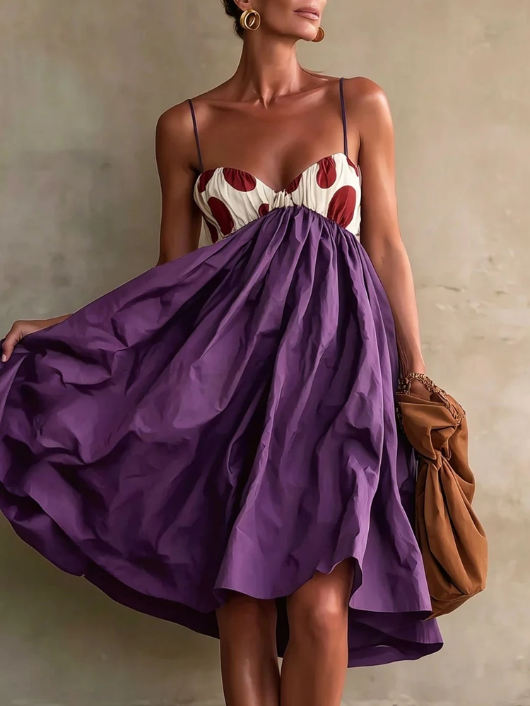 Women Polka Dot Spaghetti Strap Dress V Neck Color Block High Waist Flowy A‑Line Dress Loose Backless Summer Vacation Midi Dress