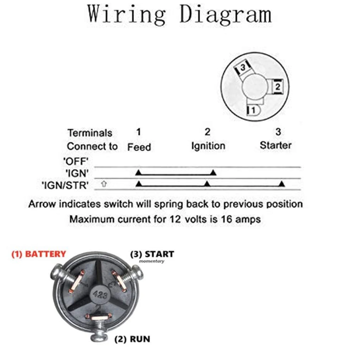 Ignition Starter Switch with 3 Position 3 Connection Terminal 2 Keys for Car, Motorcycle, Tractor, Forklift, Truck, Scooter