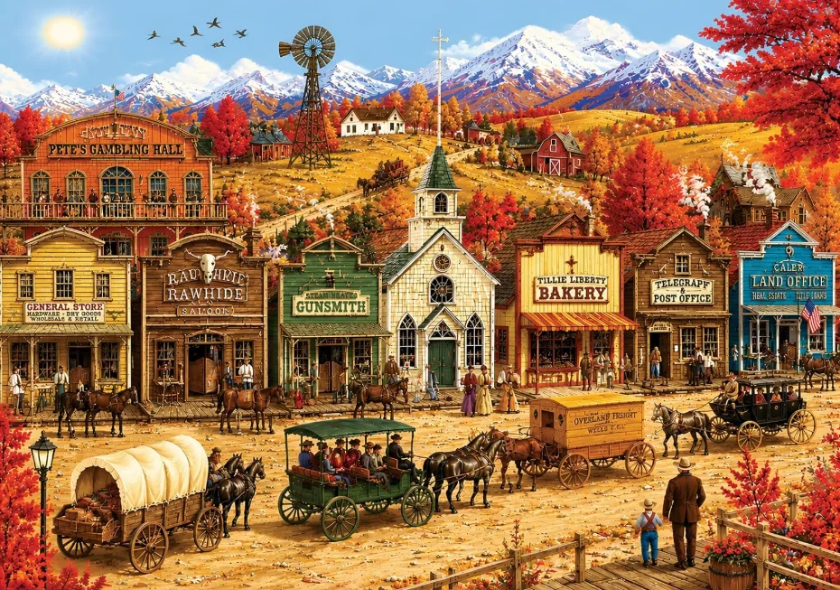 500/1000/1200/2000PCS Jigsaw Puzzle Old Wild West Street Saloon Bakery Stagecoach Windmill Mountain Landscape Family Decor Gift