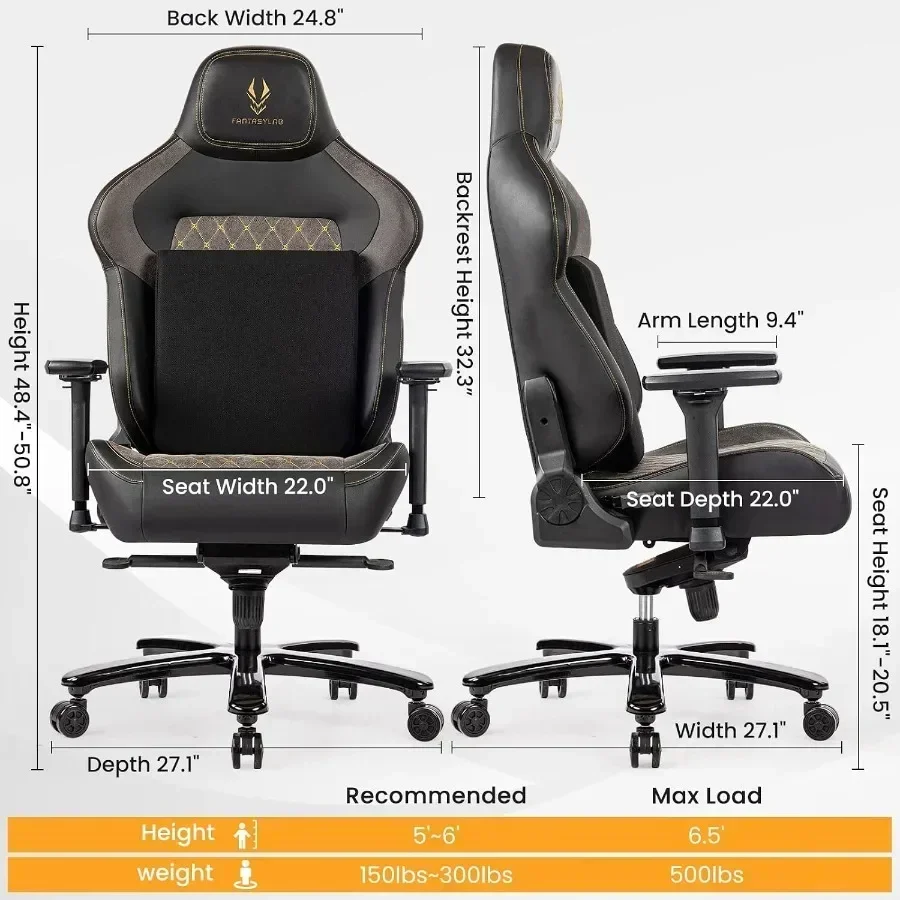 Big and Tall Gaming Chair for heavy people, steel base, black, 440LBS capacity with memory foam lumbar support and 4D adjustabl