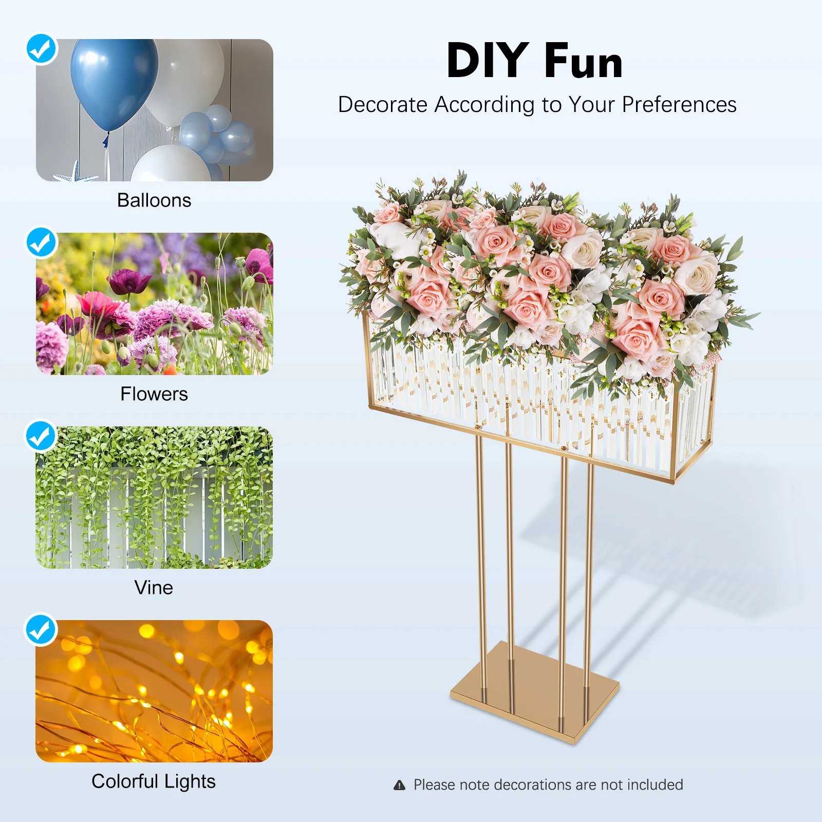 Crystal Wedding Flower Stand, Gold Frame with Sparkling Crystals, Multi-Purpose Table/Floor Display, Decor for Weddings, Parties