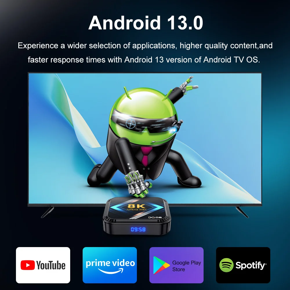 DQ08 RK3528 صندوق التلفزيون الذكي أندرويد 13 رباعي النواة Cortex A53 يدعم 8K فيديو 4K @ 60fps HDR10 + 2.4 & 5G Dual WifiBT4.0 Google Voice