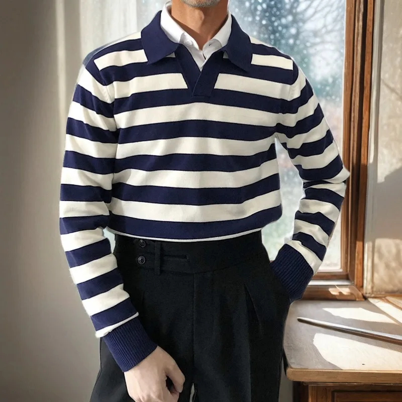 Nowa męska bluza na jesień i zimę 2025, czarno-biała w paski, z kołnierzykiem, biznesowa, codzienna, uniwersalna, ciepła warstwa wewnętrzna, modny top.