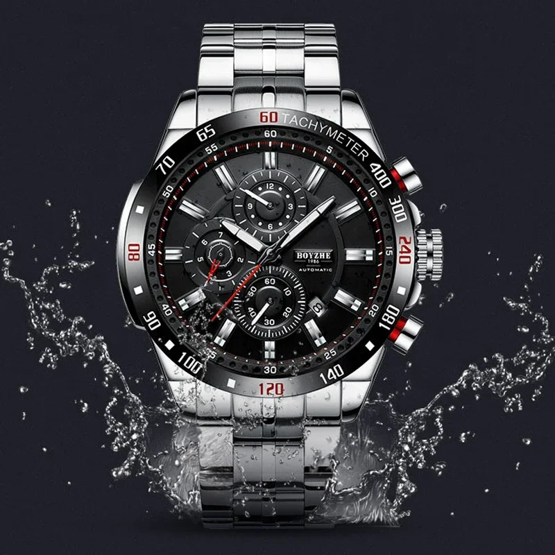 

Boyzhe Top Brand Man Sport Mechanical Wrist Watch Stainless Steel Strap Waterproof Multifuncton Men's Watches reloj hombre