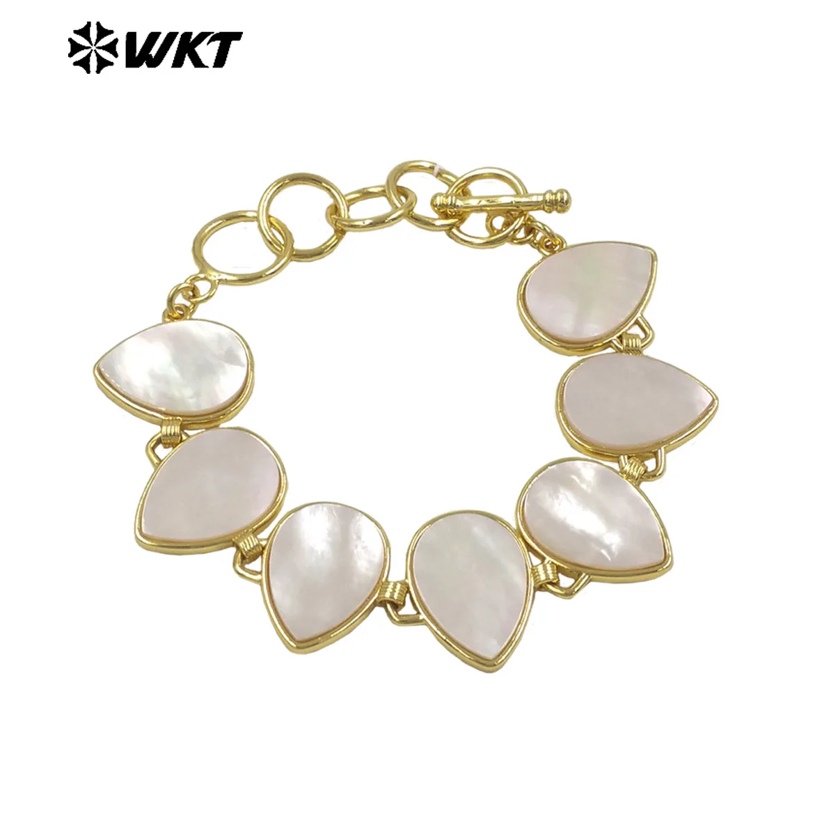 WT-MPB144 Fine And Smooth OT Clasp Yellow Brass Bracelet Natural White Shell Geometric Waterdrop Oval Square Shape Charms Bangle