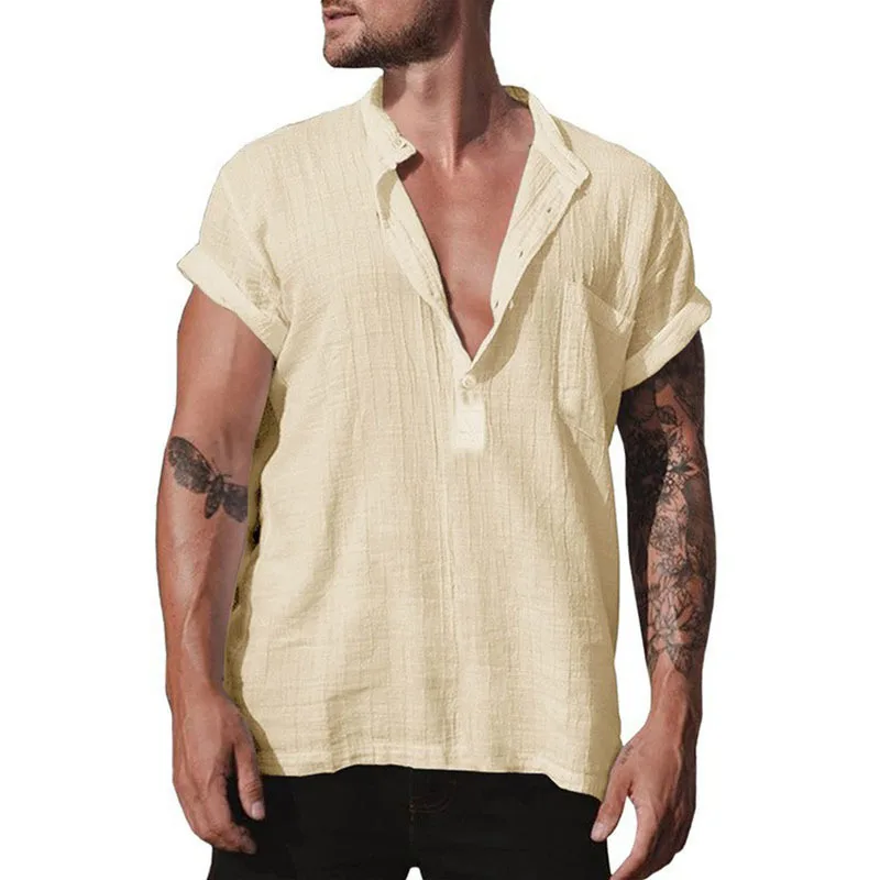 

Men's Summer Linen Loose Stand Collar Solid Pocket Short Sleeve Shirts And Blouses