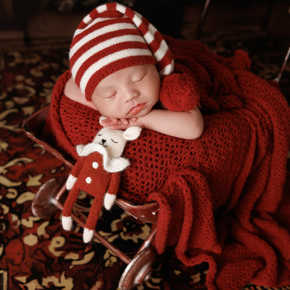 Baby Christmas Photography Props Knitted Hat Handmade Dolls Wool Blanket Newborn Photographer Xmas Theme Photo Shoot Accessories