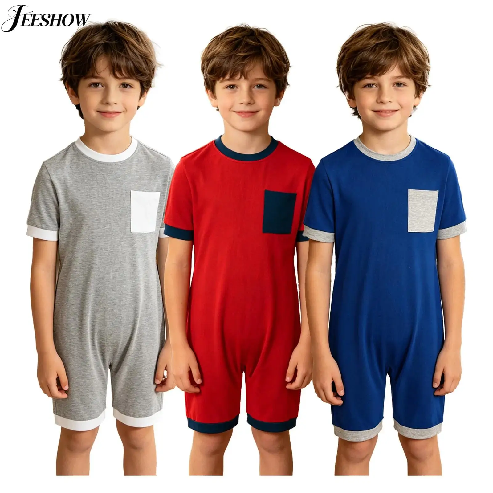 3 Pcs Boys Girls Adaptive Clothings Anti-Strip Color Block Round Neck Back Zipper Rompers for Special Needs One Piece Nightwear