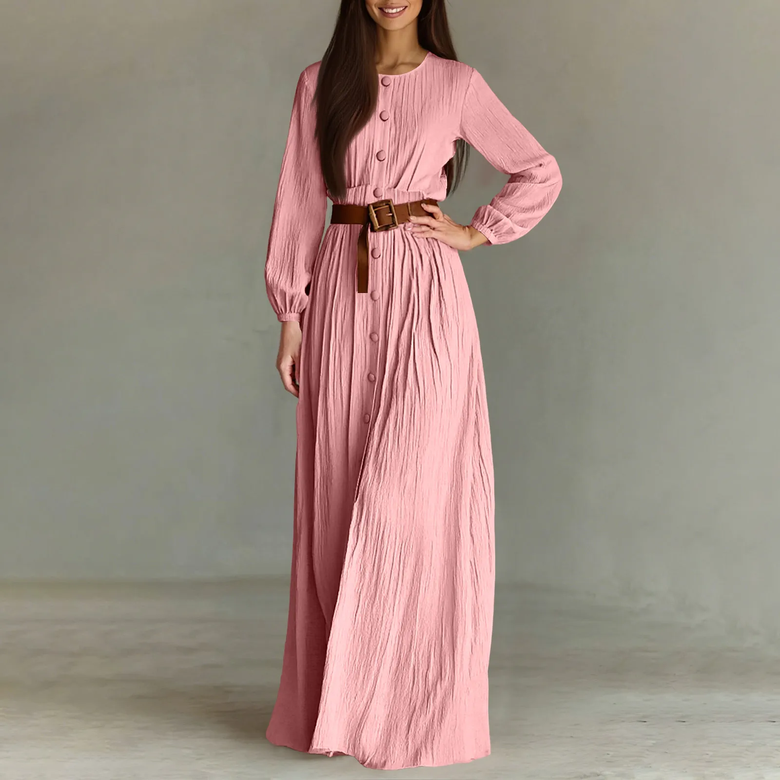 Single Breasted Round Neck Long Sleeved Dress Fashion Casual Dress Without Belt Spring And Autumn Women'S Solid Color Dress