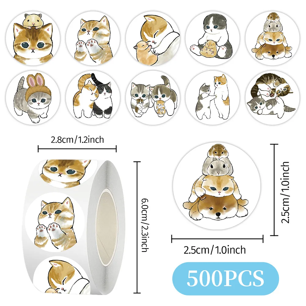 500 uds/rollo de pegatinas de sellado de dibujos animados de animales y gatos bonitos y divertidos, pegatinas de PVC para ordenador portátil, decoración, juguete de regalo de recompensa