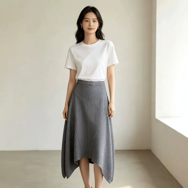 Miyake Pleated 2026 New High-End Pleated Skirt for Women High Waist Slimming Irregular Draped Elegant Commuter Mid-Length Skirt