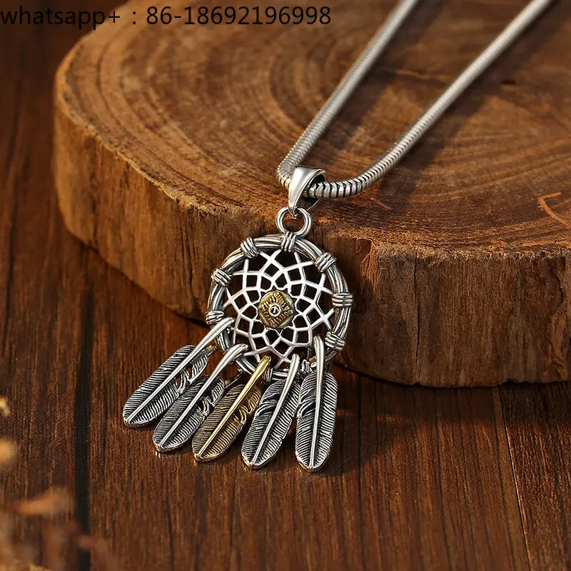 Dream Catcher Silver Necklace Men's Sterling Silver Feather Pendant