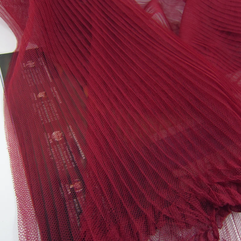 10Meters Evening Gowns Fabric Burgundy Encrypted Mesh Pleated Organ Pleated Sheer Mesh Puff Skirt Wedding Dress Net Cloth