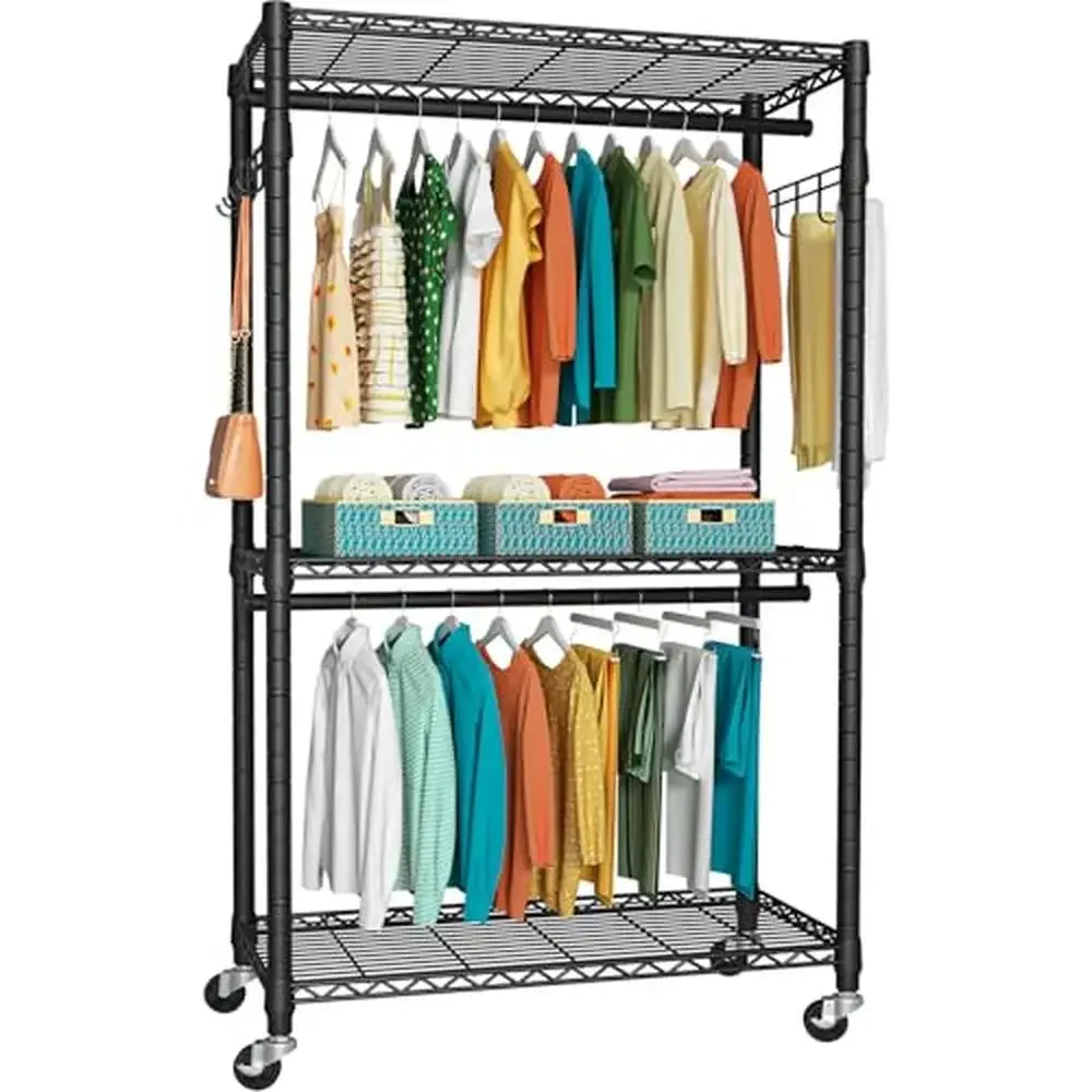 

Adjustable Rolling Heavy Duty Garment Rack Organizer 3 Tiers Wire Shelves & Metal Hanger Rods Portable Closet Storage Solution