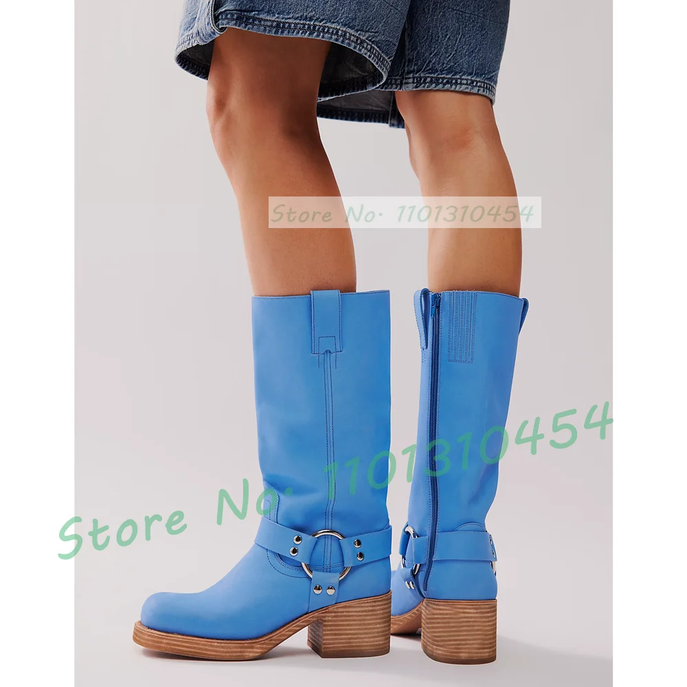 Harness Western Knee High Boots With Wood Chunky Heel Women Square Toe Riding Shoes Outfit Lady Trendy Party Solid Buckle Boots