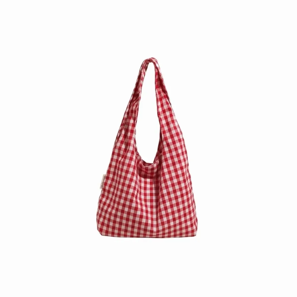 Lässige koreanische karierte Canvas-Tragetasche, Freizeit-Reise-Einkaufstasche, Doppelgriff-Schulterhandtasche für Jugendliche, Pendler und Studenten – Detail 2