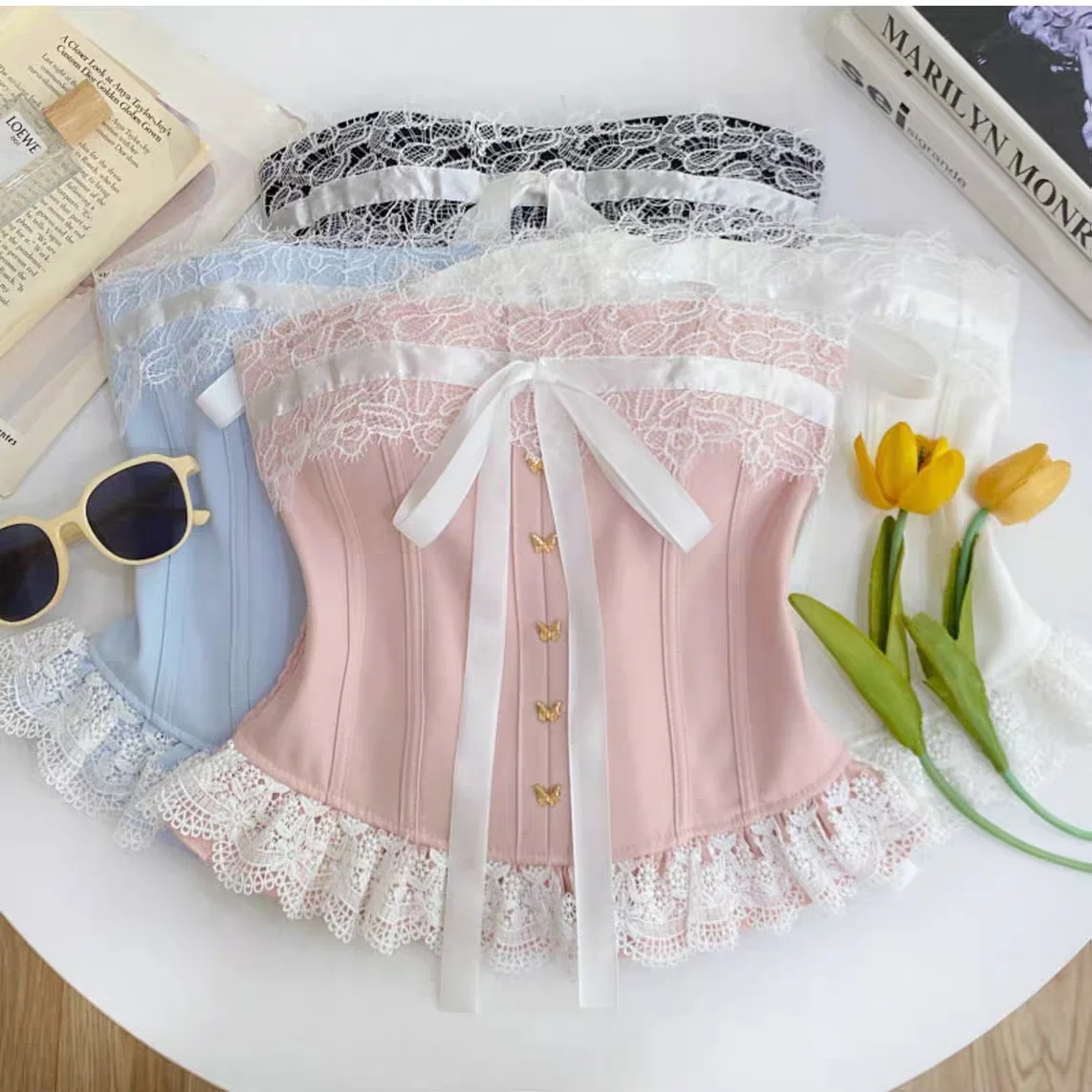 Summer New Style Sweet And Spicy Embroidered Lace Patchwork Tube Top Vest Women's Slim Fit Integrated Pad Versatile Short Length