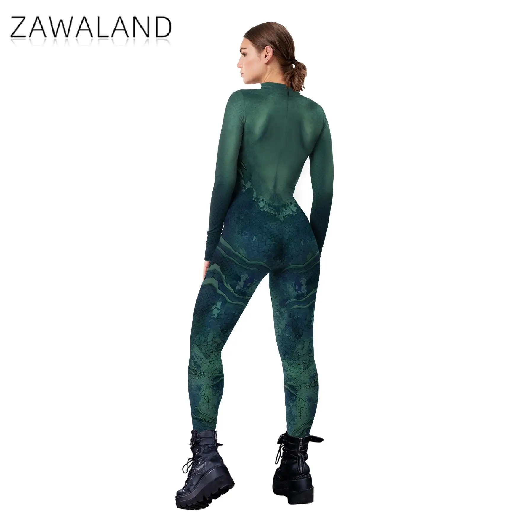 Zawaland Women Mermaid Costume Fish Scale Print Bodysuit Sexy Zentai Suit Fancy Holiday Party Catsuit Performance Show Outfit