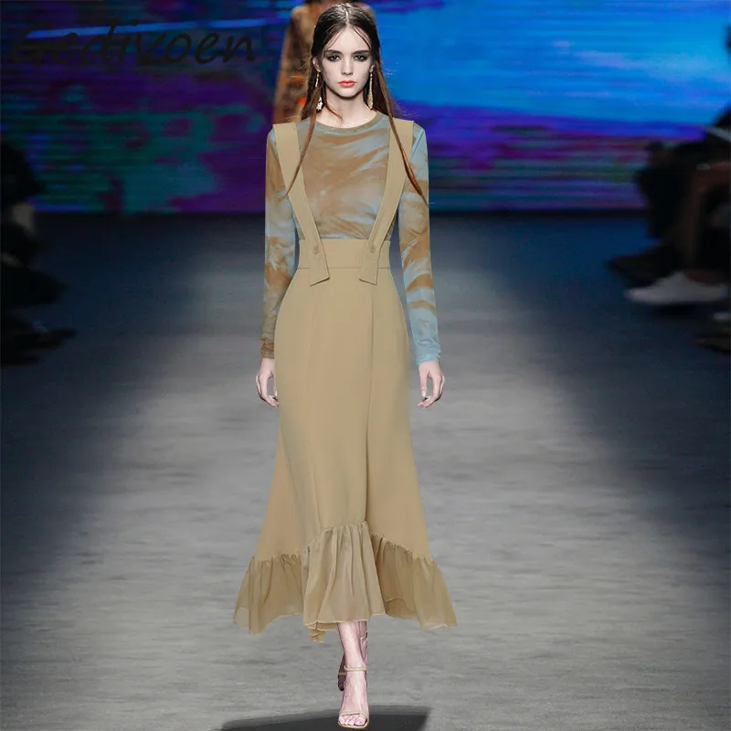 

Gedivoen Summer Fashion Runway Vintage Skirt Set Women O-Neck Print Mesh Top+Suspender Splicing Ruffles Long Skirt 2 Pieces Set