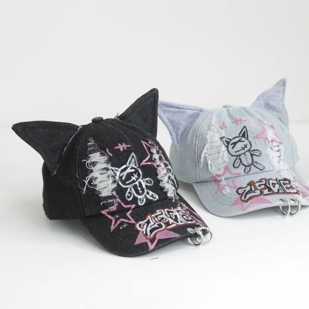 2026 NEW y2k Hot Girl Graffiti Jeans cat Ears Cowboy Baseball Hat Wash Graffiti Hip Hop Cap Women Men Party Team Baseball Cap view 2