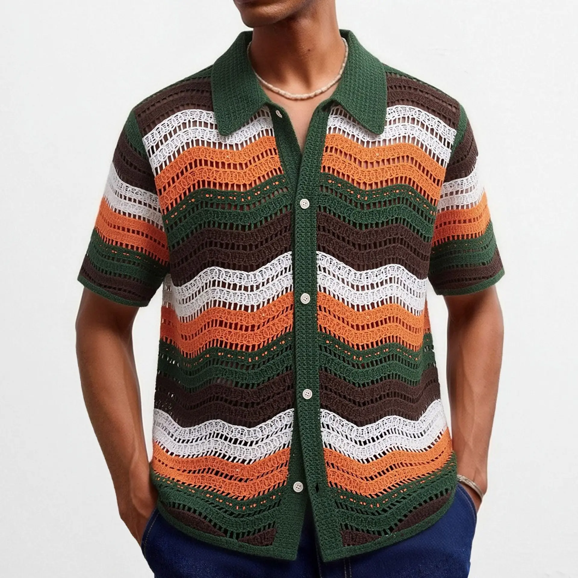Vintage New Men Color-coded Striped Breasted Short Sleeve Turn-down Collar Simple Basic Daily Casual Polo Cardigans Male Clothes
