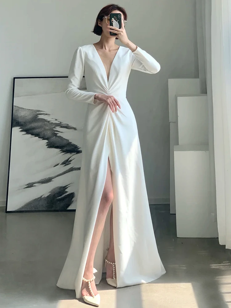 

Ele White Long Sve Evening Gown Wedding Registration Engagement Host Ball Gown Floor Length Zipper Sle Premium Se...