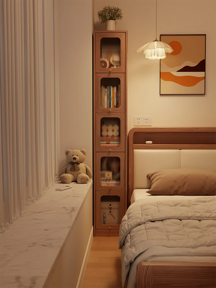 Solid wood crevice storage bookcase, floor shelf with door, corner cabinet against wall