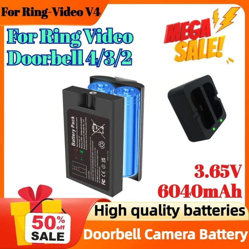 

3.65V 6040mAh Li-ion Battery for Ring-Video V4 for Ring Video Doorbell 4/3/2 Doorbell Camera Battery + Dual Charging