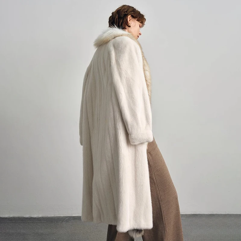 Ftangaiur Winter Import Velvet Mink Fur Coat With Fox Fur Collar Mink Coat Full Sleeve Women X-Long Natural Real Mink Fur Coats