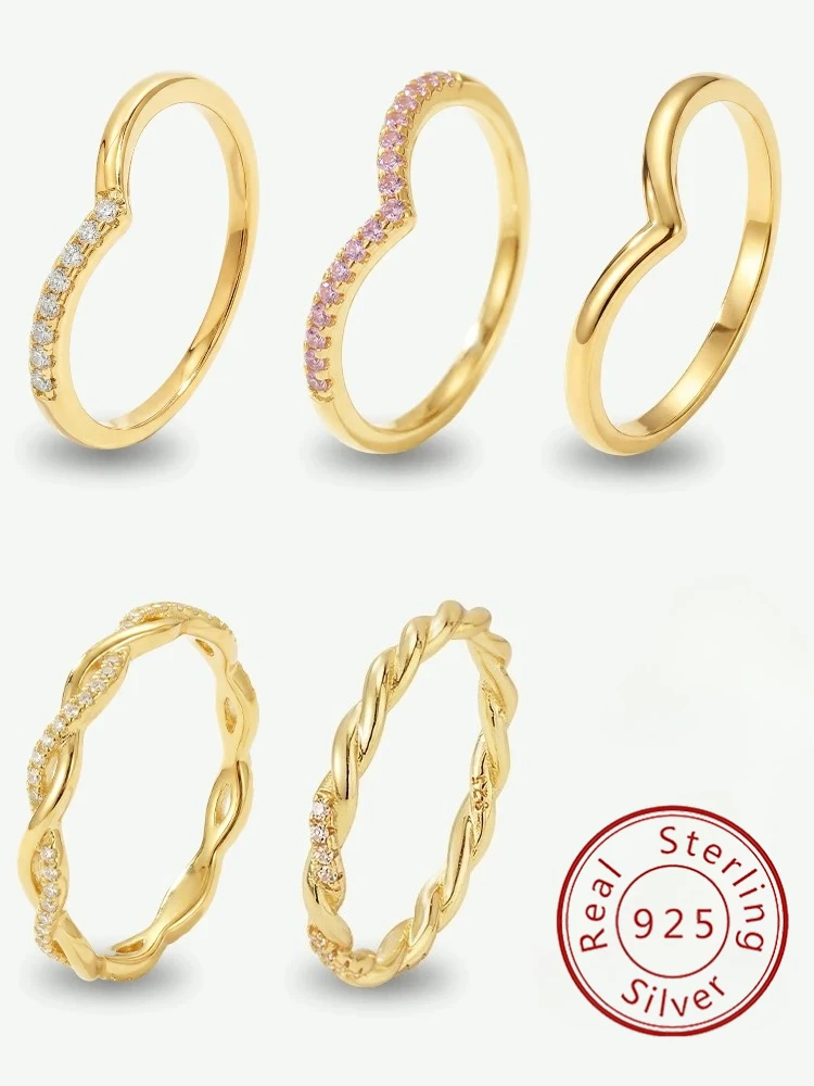 925 Sterling Silber Modischer Goldener Gedrehter V-förmiger Zirkon-Ring für Damen Verlobung Hochzeit Luxus Hochwertige Feine Schmuckstücke