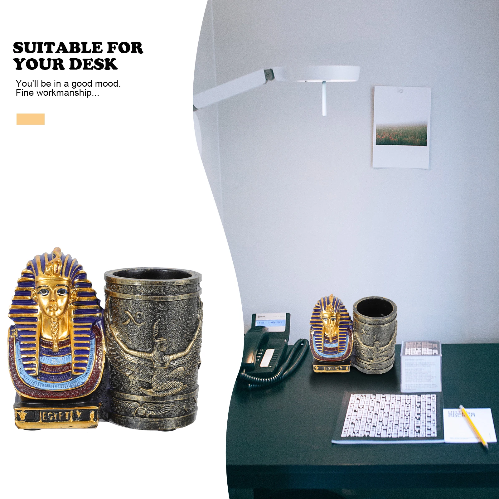 1Pcs Resin Pharaoh Pen Holder Stylish Desktop Storage Box for Office School Use Multi-Function Craft Ornament Egyptian Theme