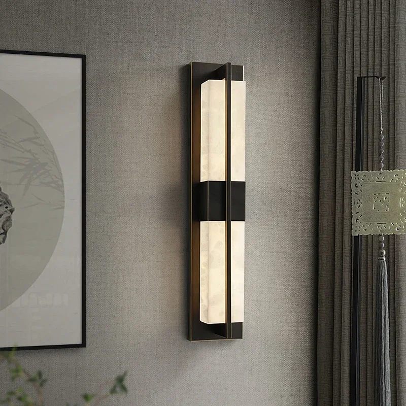 

Spanish Natural Marble Wall Lamp Long Copper Wall Sconce for Living Room Hallway Stairs Bedroom Dining Room Atmosphere Lighting