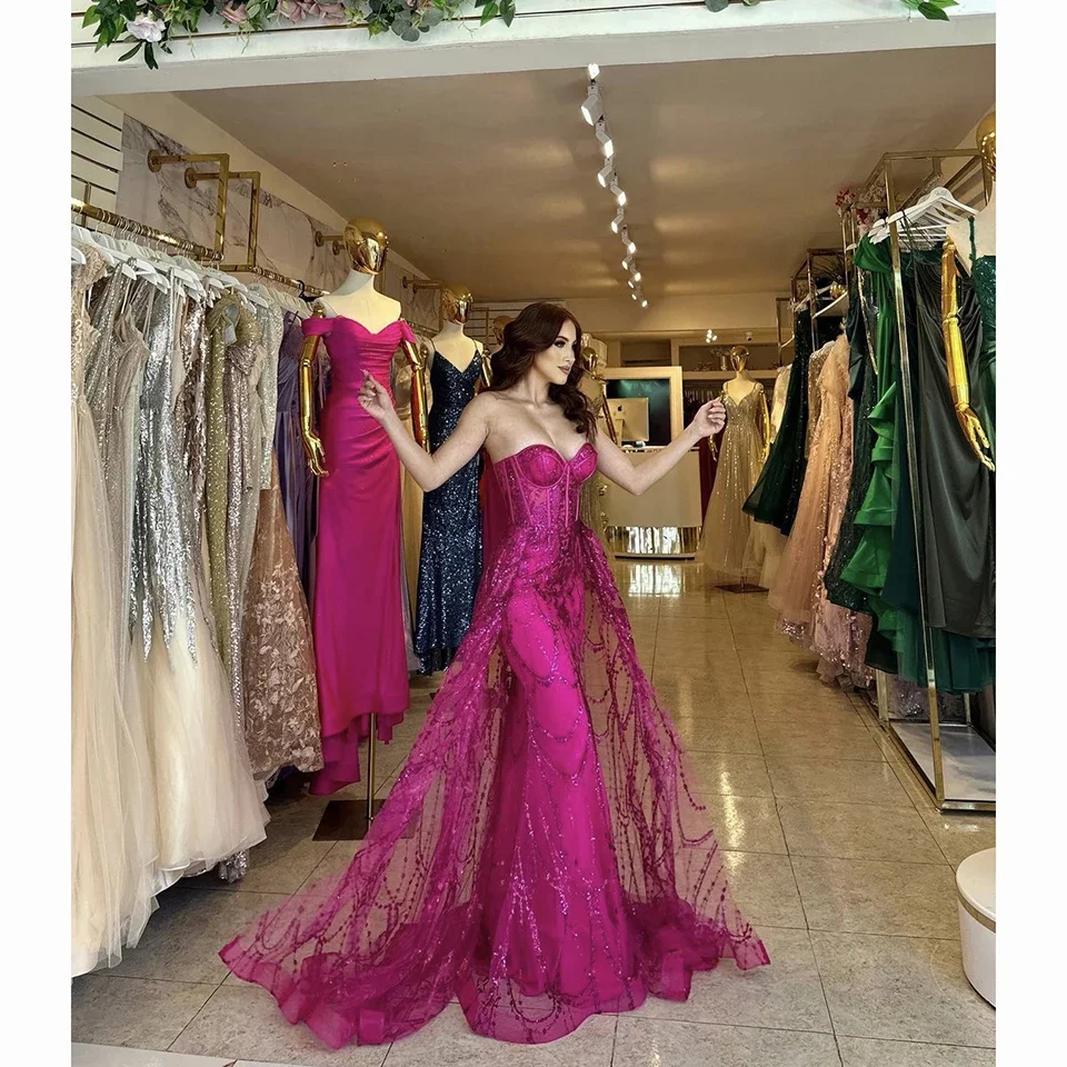 Gorgeous Fuchsia Sequins Sweetheart Evening Dresses 2024 Mermaid Floor Length Sweep Train Sleeveless Women's Formal Prom Gowns