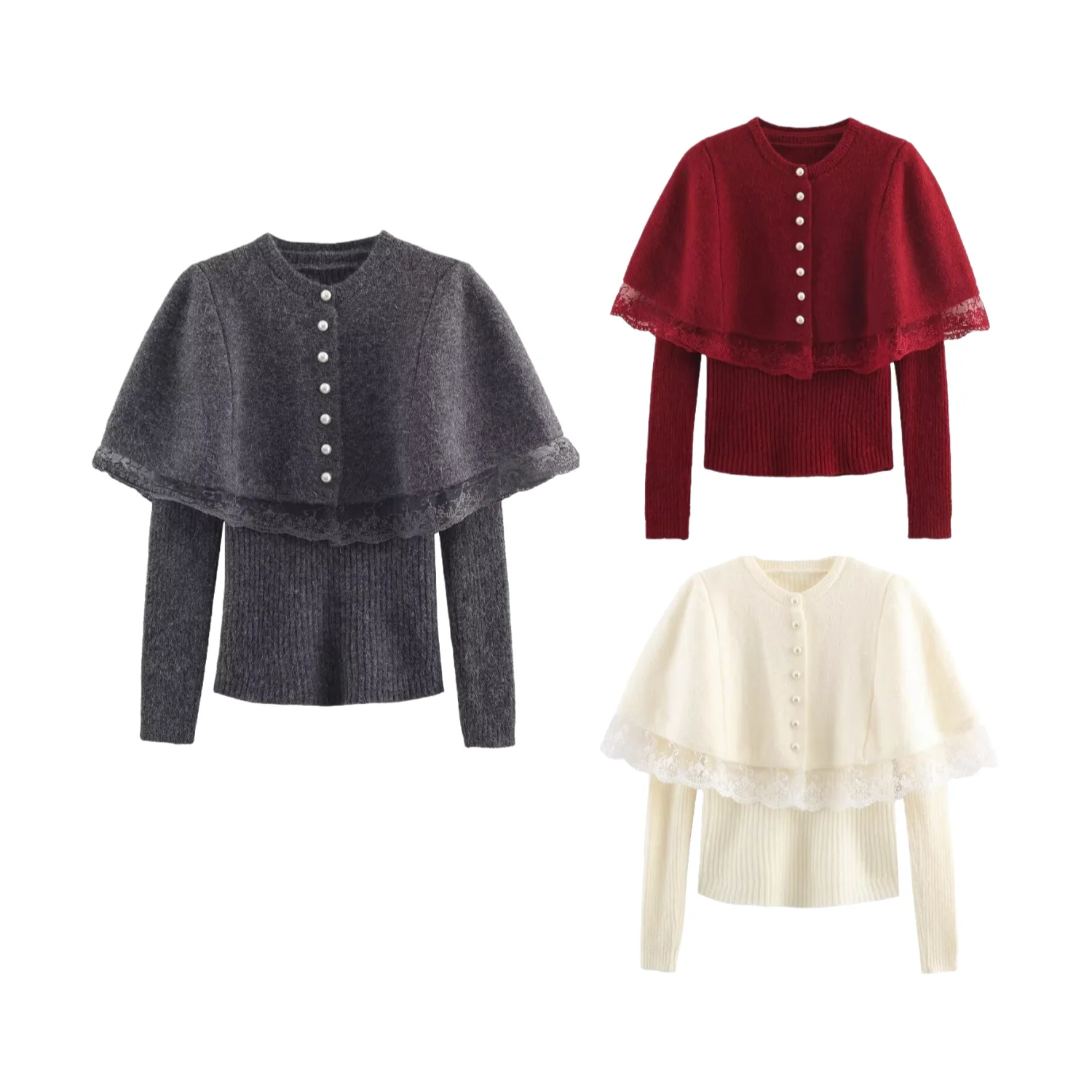 

2025 Winter New Women's Clothing Casual Fashion Retro Sweet Lace Trim Patchwork Cape Shawl Knitted Base Layer Sweater