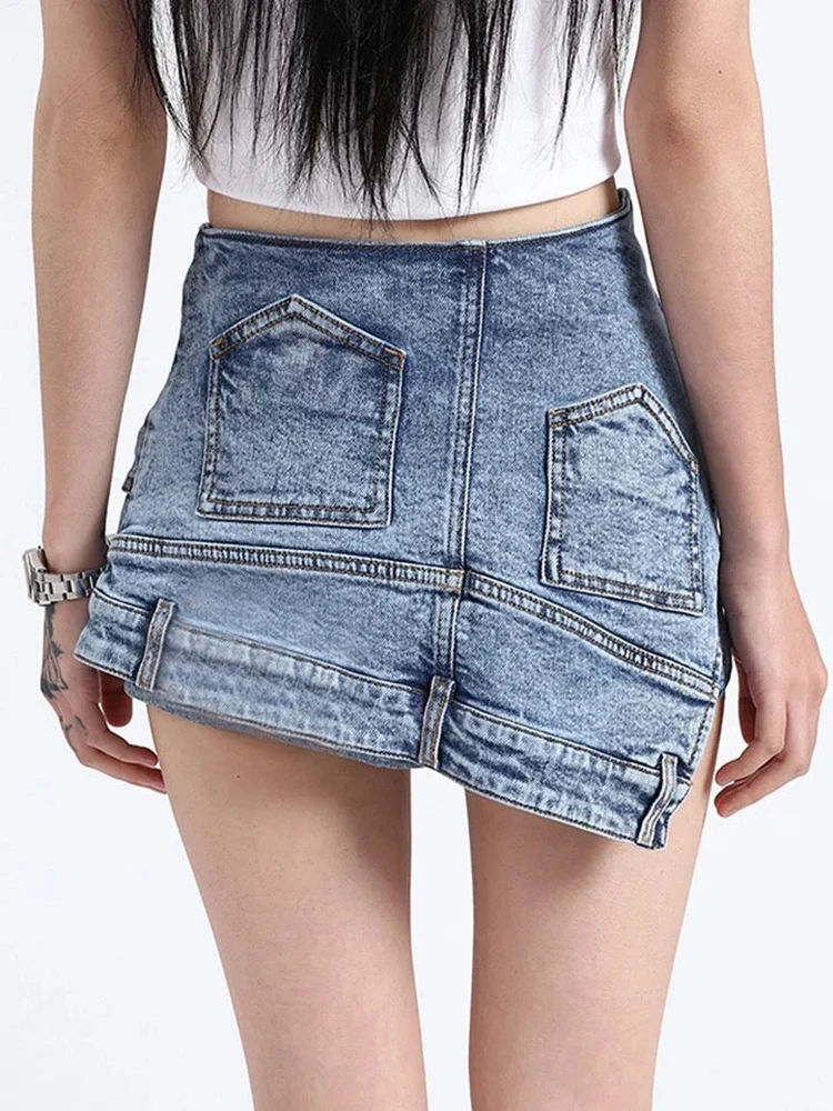 TWOTWINSTYLE Patchwork Pocket Irregular Chic Denim Shorts For Women High Waist Spliced Zipper Designer Short Pants Female New