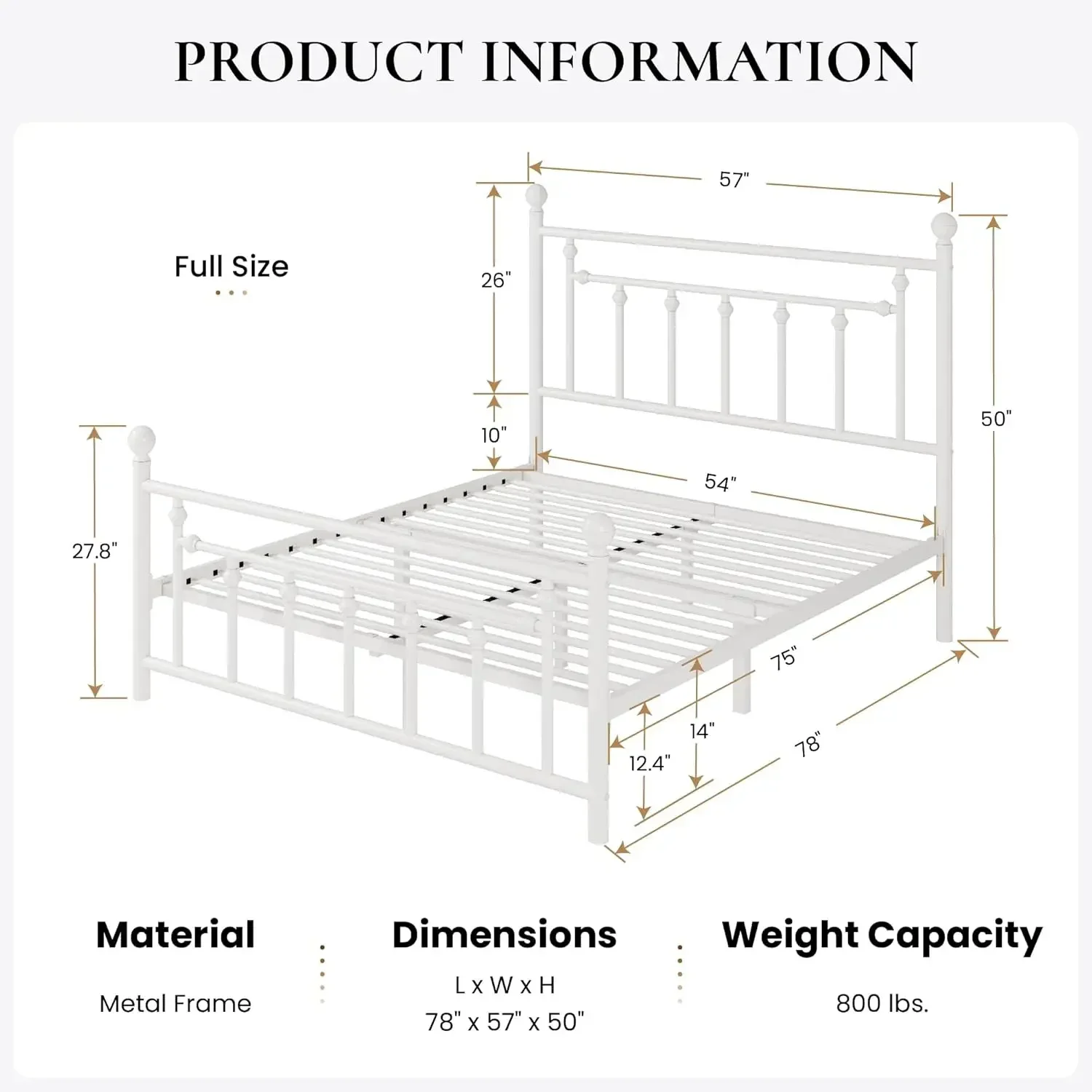 14'' Full Size Metal Platform Bed Frame/Victorian Headboard and Footboard/Steel Slats Mattress Foundation for Storage/No Box Spr