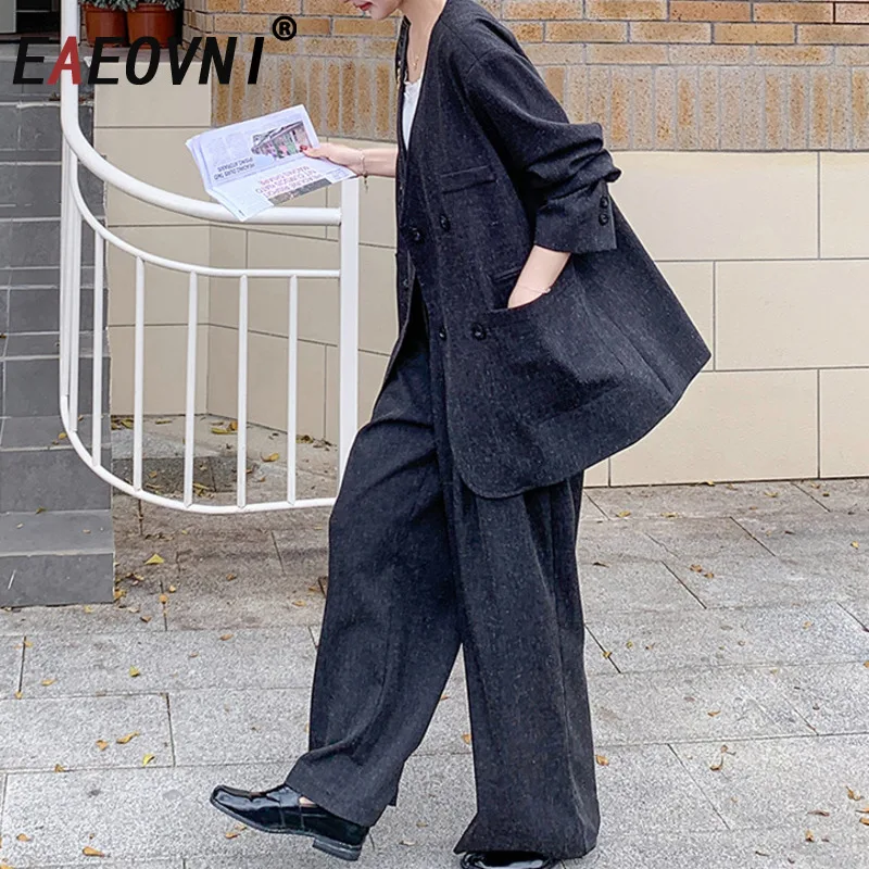 

EAEOVNI Fashion Women Two Piece Set Double Button V Neck Blazer Coat + Wide Leg Pants Temperament Clothing Office Lady Sets