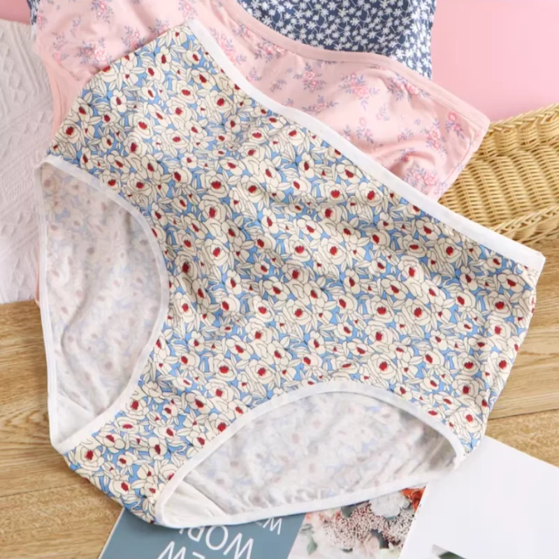 2PCS High Stretch Modal Underwear Couple High Waist Flower Triangular Panties Lingerie  Breathable Soft Plus Size Cute Briefs﻿