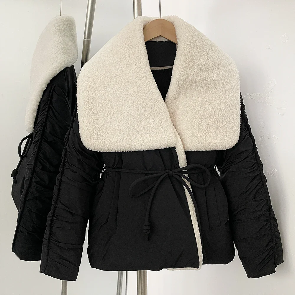 

Women New Duck Down Coats Hit Color Patchwork Sashes Down Jacket Casual Lapel Long Sleeve Fashion Puffer Jackets Female New