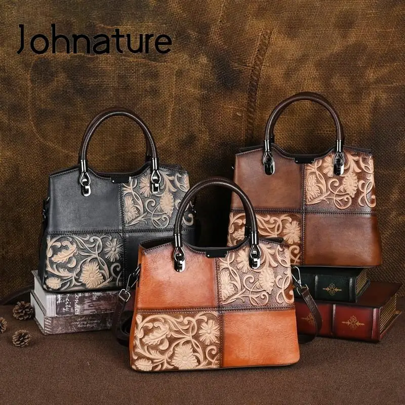 Johnature 2024 New Genuine Leather Women Bag Retro Embossed Handbag Hand Brushed Versatile Real Cowhide Leisure Shoulder Bags