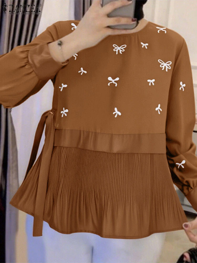 

ZANZEA Muslim Hijabis Women Blouses Modest Long Sleeve Bow Printing Patchwork Pleated Hem Blusas Mujer Islamic Loose O-Neck Tops