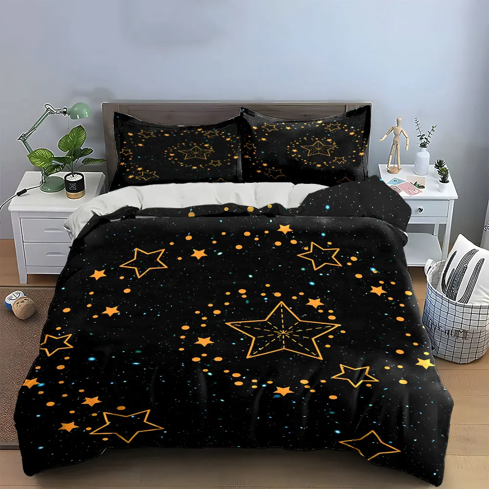 3-teiliges schwarzes Sternenhimmel-Bettwäsche-Set, Bettbezug-Set mit orangefarbenem Sternumriss und Punktdruck, minimalistisches Galaxienmuster für modernes Schlafzimmer