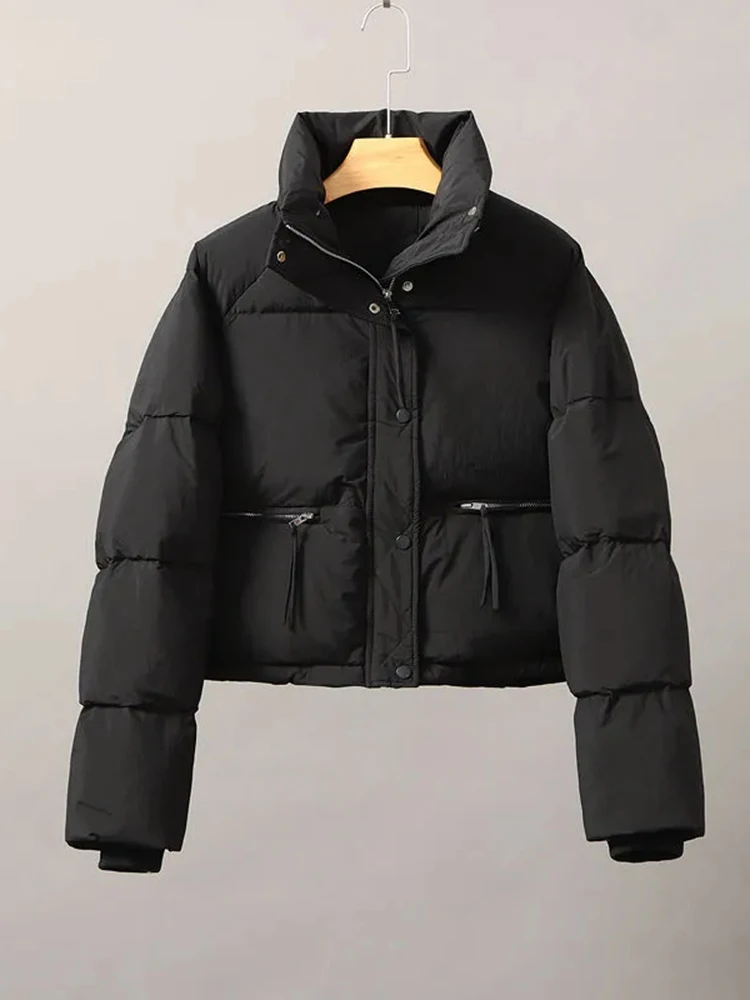 Manteau matelassé court pour femme, col montant, poche décontractée, fermeture éclair, décontracté, décontracté, coréen, chaud, neige, hiver, nouveau, streetwear