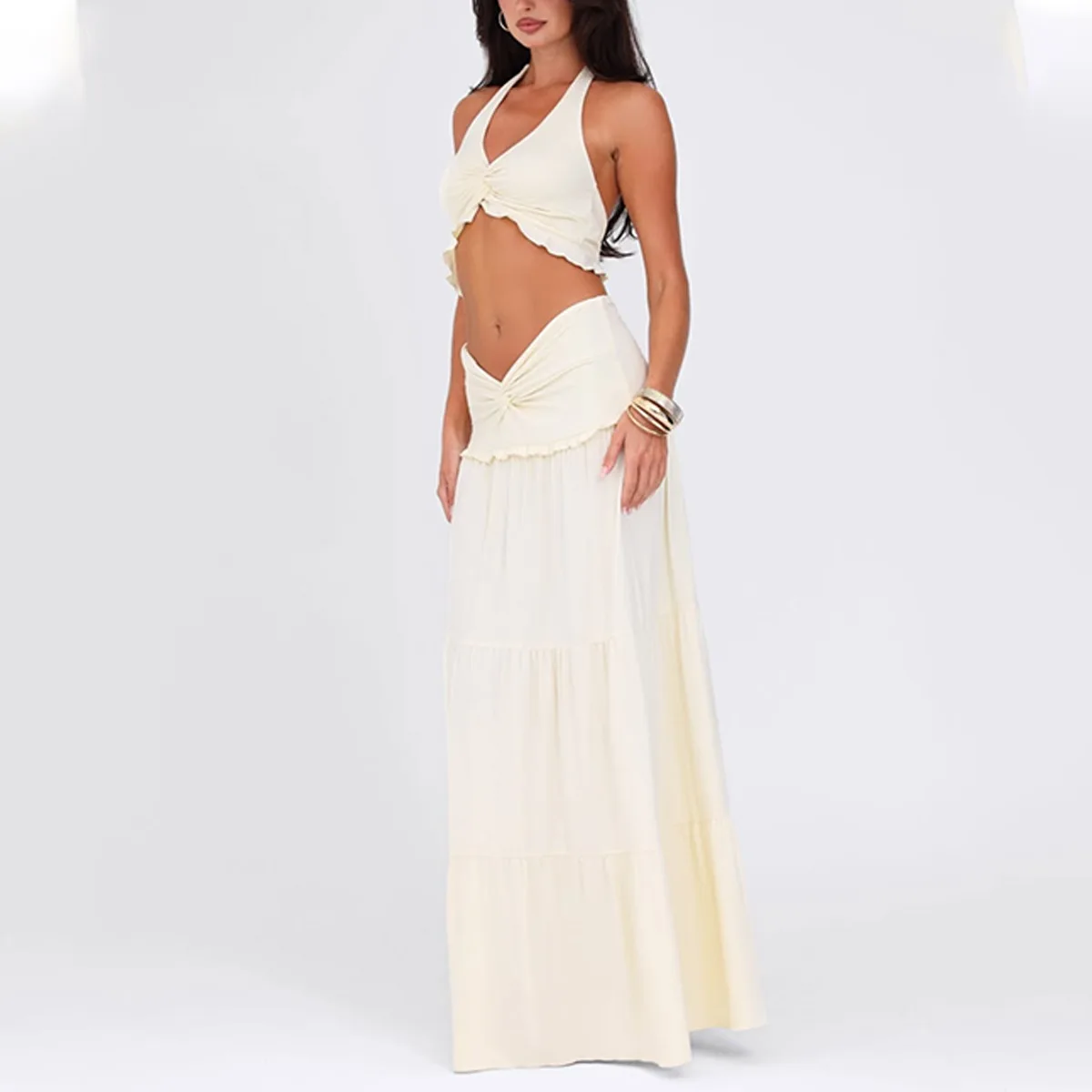 طقم تنورة طويلة مثير برقبة على شكل V للنساء، بلوزة قصيرة الأكمام بحواف خشبية، زي صيفي أنيق من قطعتين