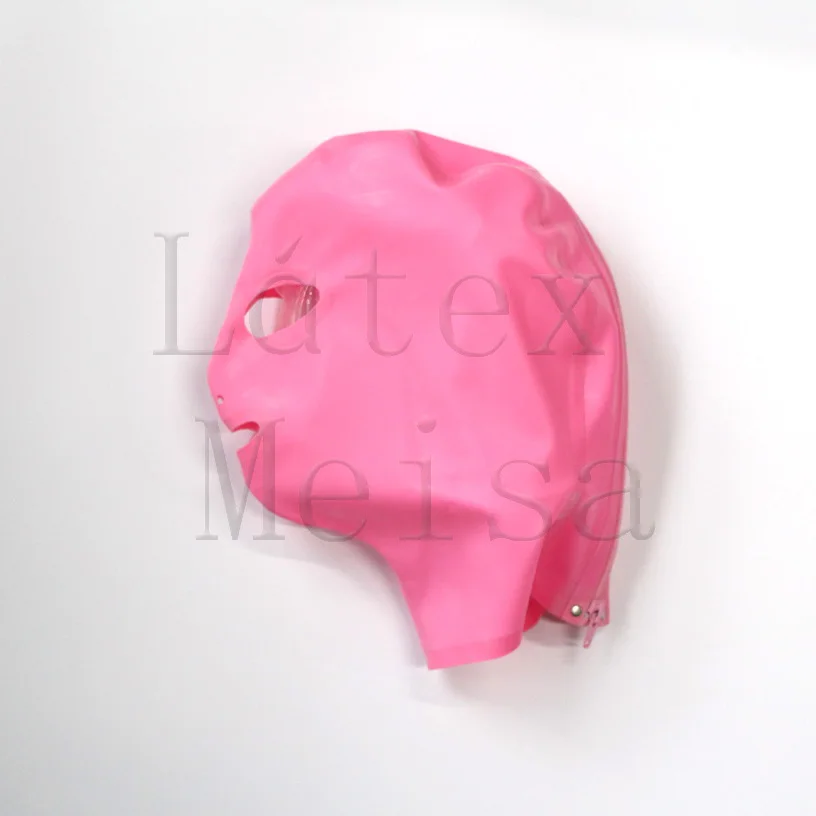 Handmade latex masks women's rubber hoods open eyes nostrils and mouth in pink color with back zip